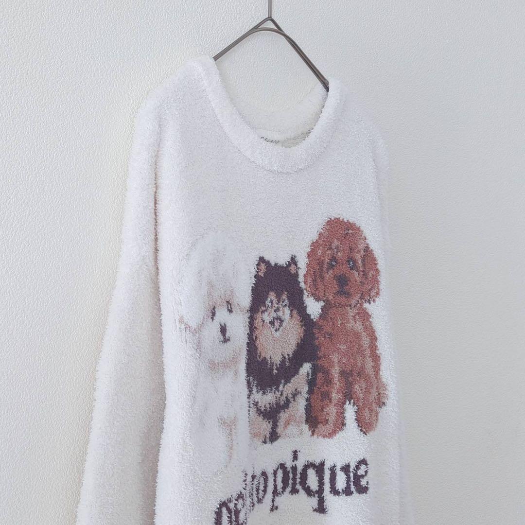 ジェラートピケ　ワンピース　犬刺繍　 ルームウェア　ホワイト　ONE