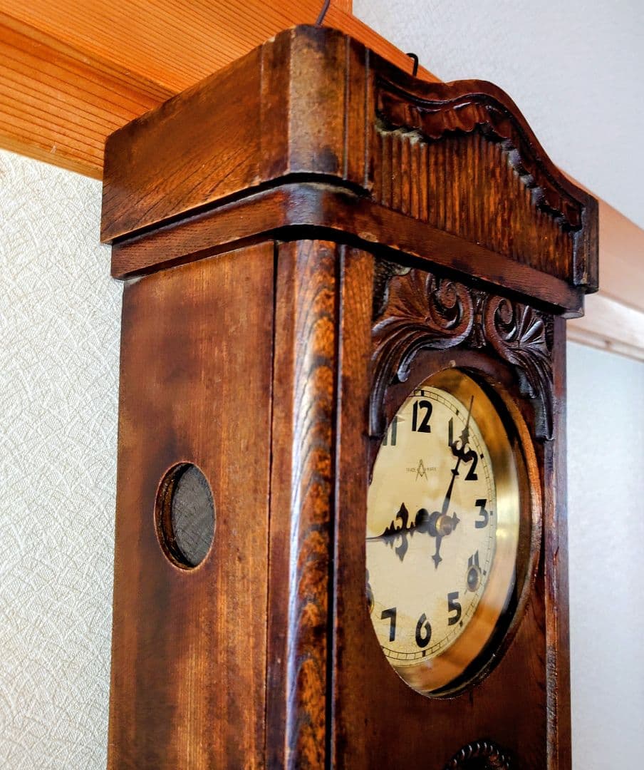 〈完動・美品〉COMPASS時計社　大正浪漫　木彫り装飾宮型ゼンマイ振り子時計