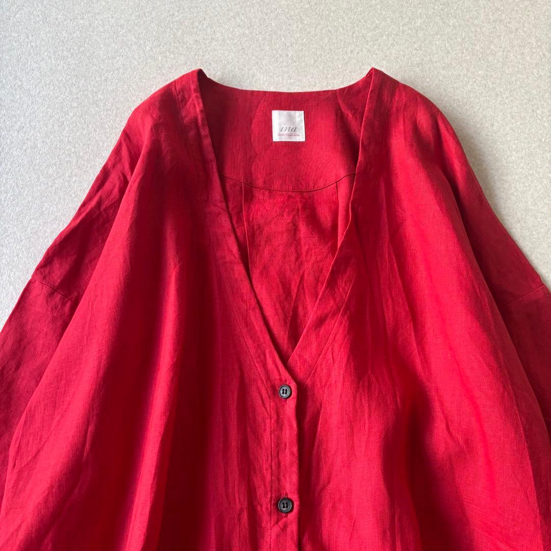 【美品】ina イナ　リネン100％ Ｖネックドロップッショルダーコート 日本製