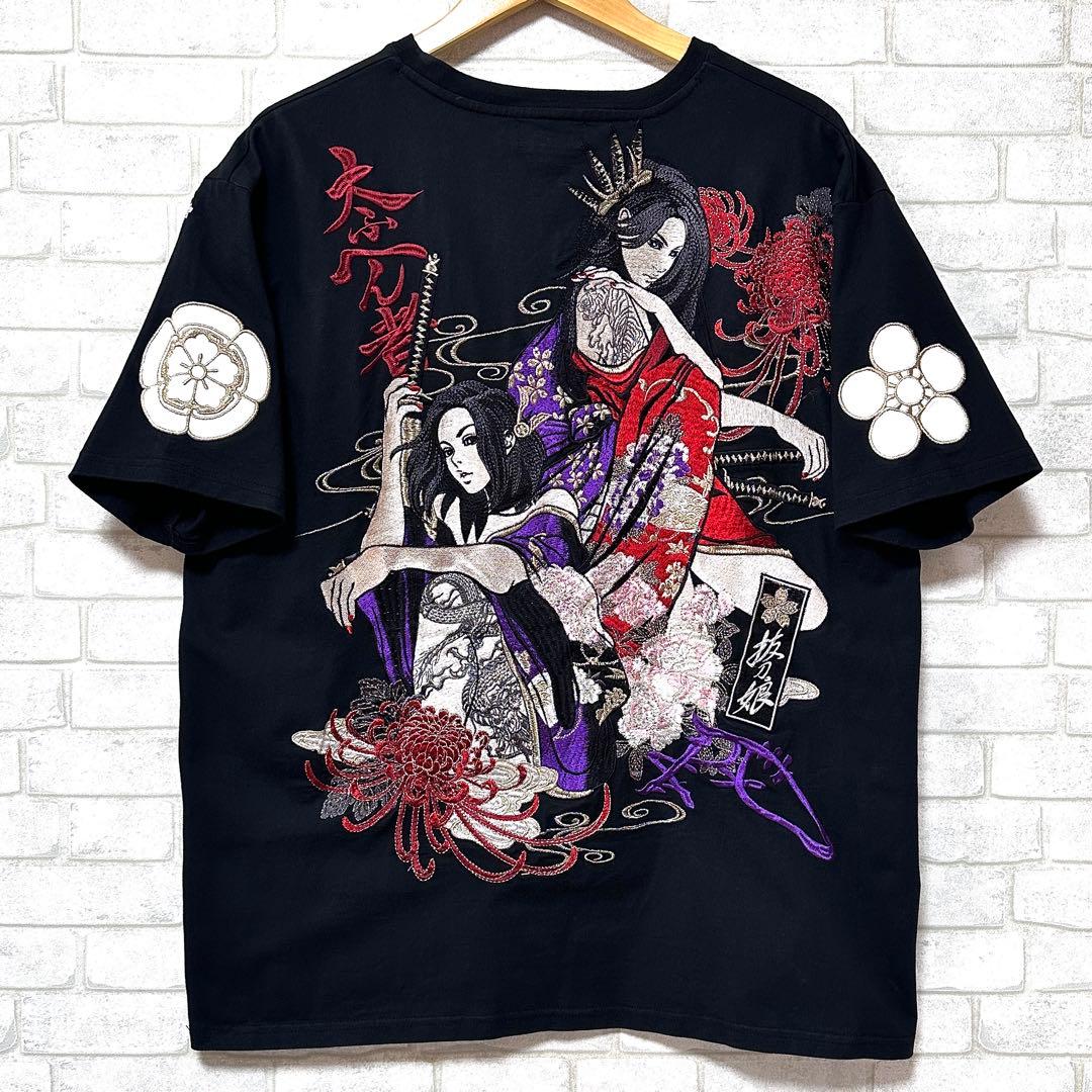 抜刀娘 全刺繍 和柄 刀 入れ墨 菊 家紋 Tシャツ XXL