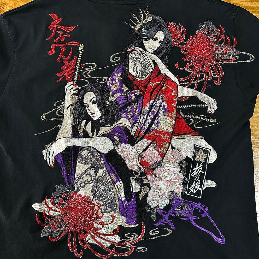 抜刀娘 全刺繍 和柄 刀 入れ墨 菊 家紋 Tシャツ XXL