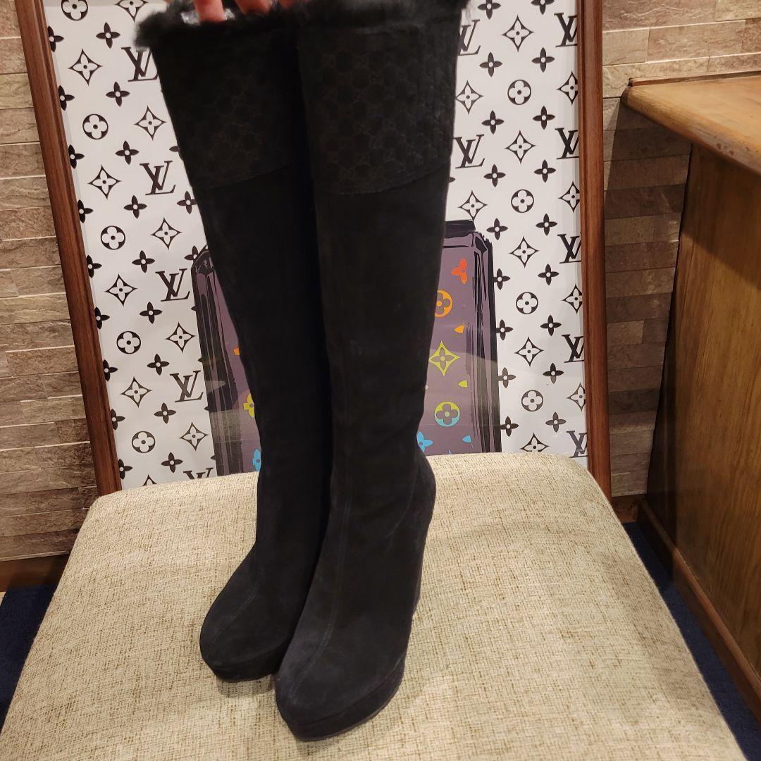 GUCCI　ロゴ　ファー　ロングブーツ　美脚　厚底　パンプス　スエード　ドレス
