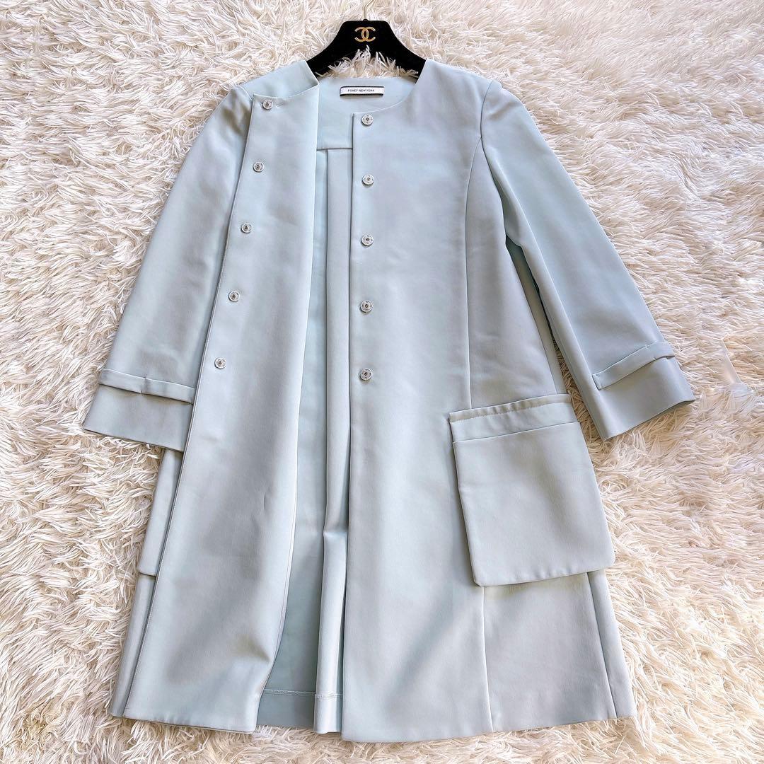 美品✨ フォクシーニューヨーク マットストレッチグログランコート ブルー 38