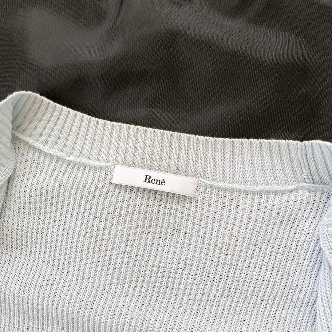 良品✨Rene 2022 ロゴ刺繍 Vネックニットカーディガン 34 ブルー系