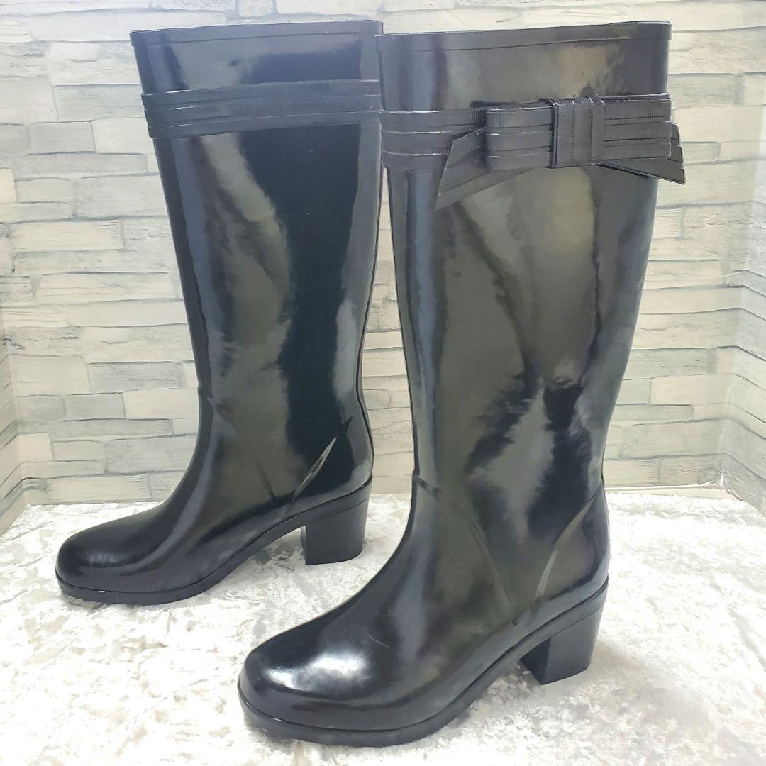 【美品】✨kate spade 24cm レインブーツ 黒 リボン 水玉 7