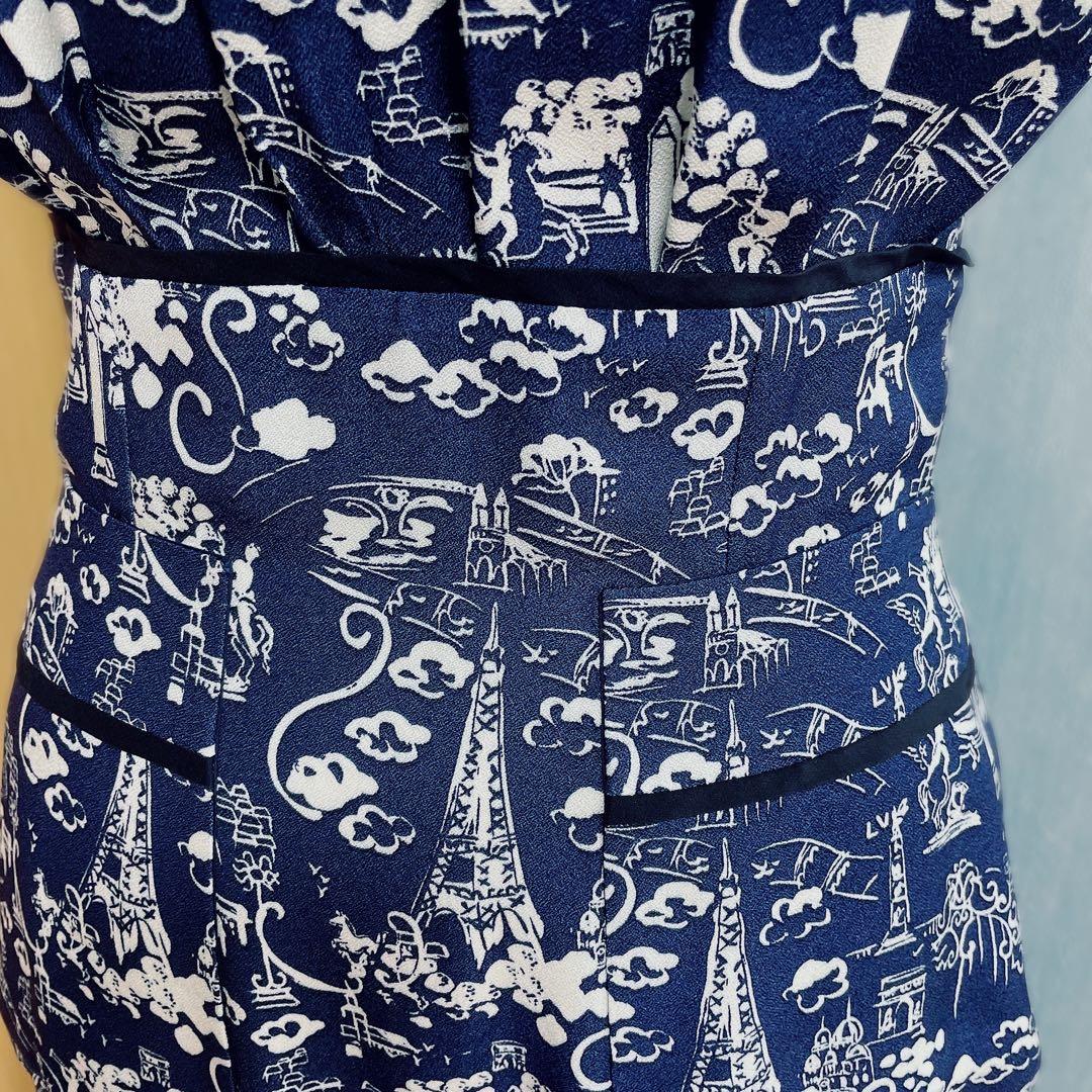 正規品　美品　ルイヴィトン　柄ネイビー　ビジュー　半袖　ワンピース　美シルエット