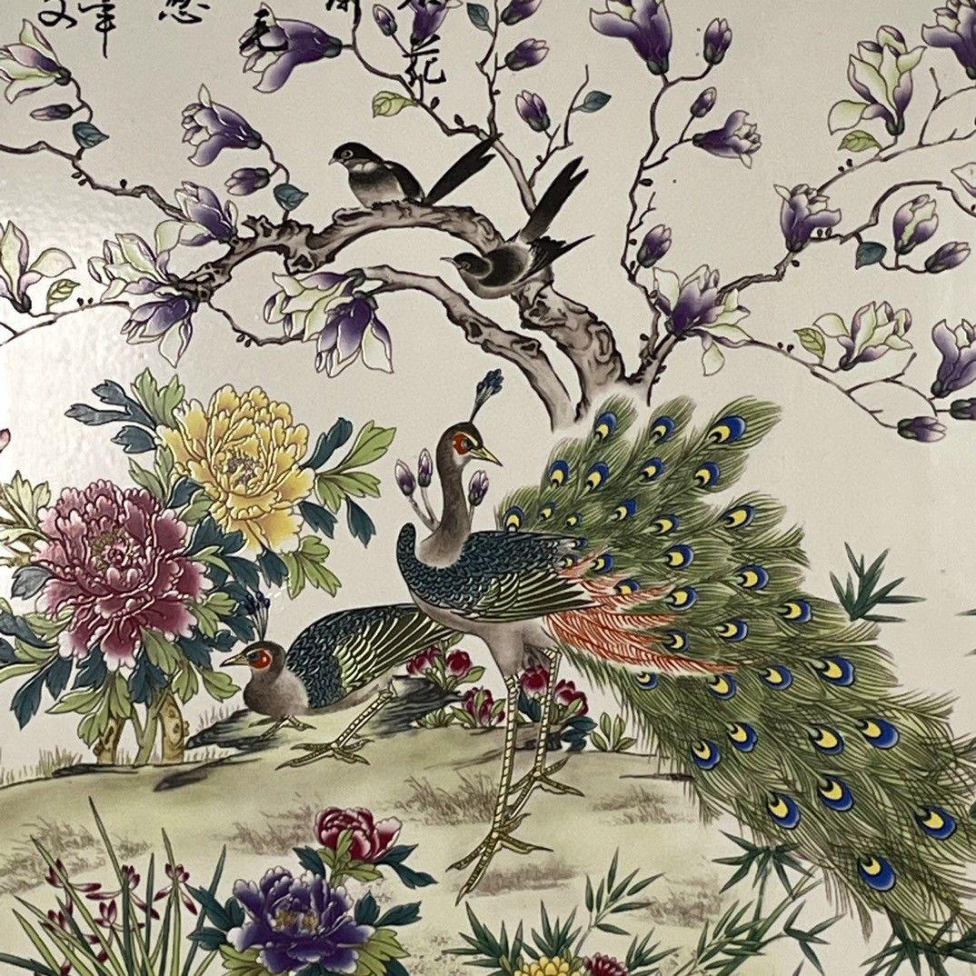 パステル色孔雀名花陶板画 掛け屏 応接間 玄関 景徳鎮陶磁器 装飾品 工芸品置物