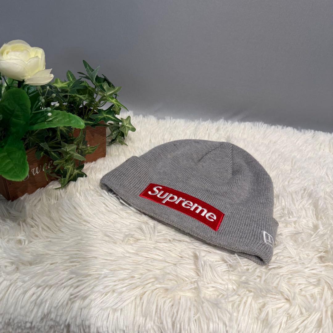 【美品】Supreme NEW ERA ニット帽 ビーニー BOXロゴ　グレー