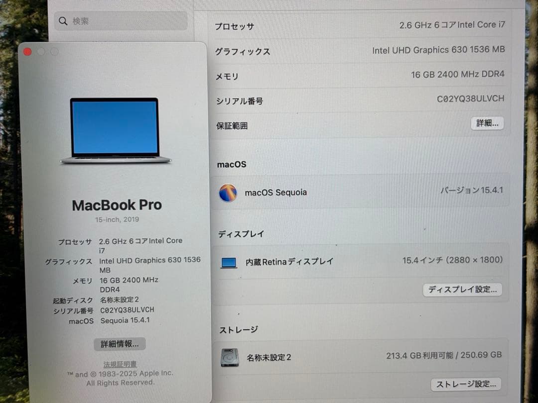 MacBook Pro 15インチ　A1990 i7 256GB 16GB
