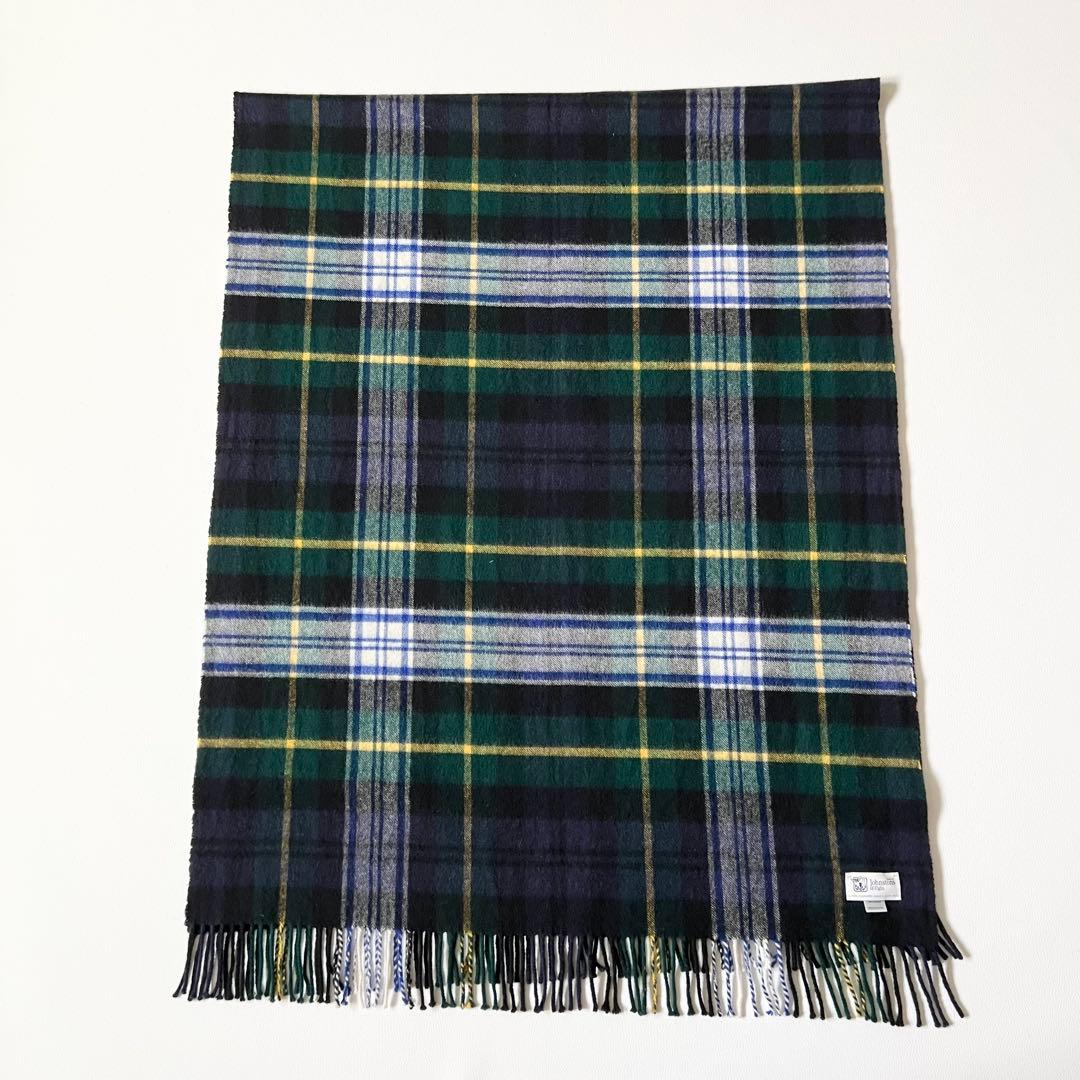3326【美品】ジョンストンズ　大判ストール カシミヤ100％ チェック　緑