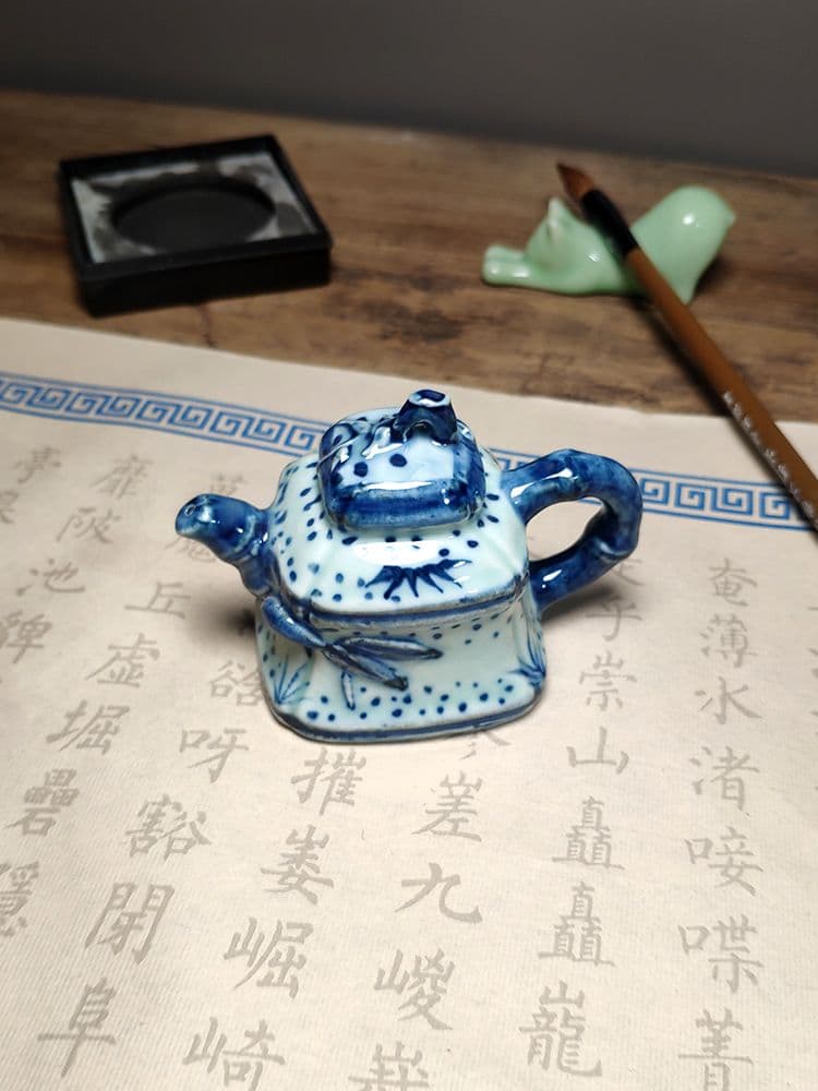 陶磁 すずり水滴壺 絵鯖竹節水注水盂 墨壺 書道具文房具 現代工芸品美術品 置物