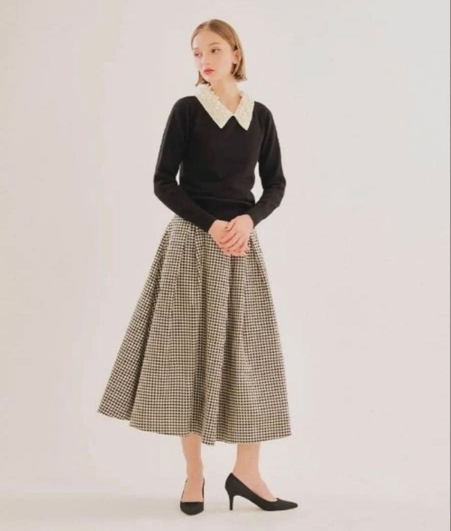 最終価格！美品✨️千鳥柄 定価2,2 希少ブラウン レトロフレアスカート ジェンヌ