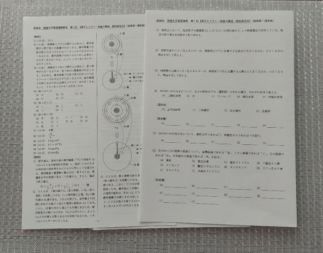 2023年　高2　化学　鉄緑会　化学基礎講座　化学基礎講座問題集　授業プリント