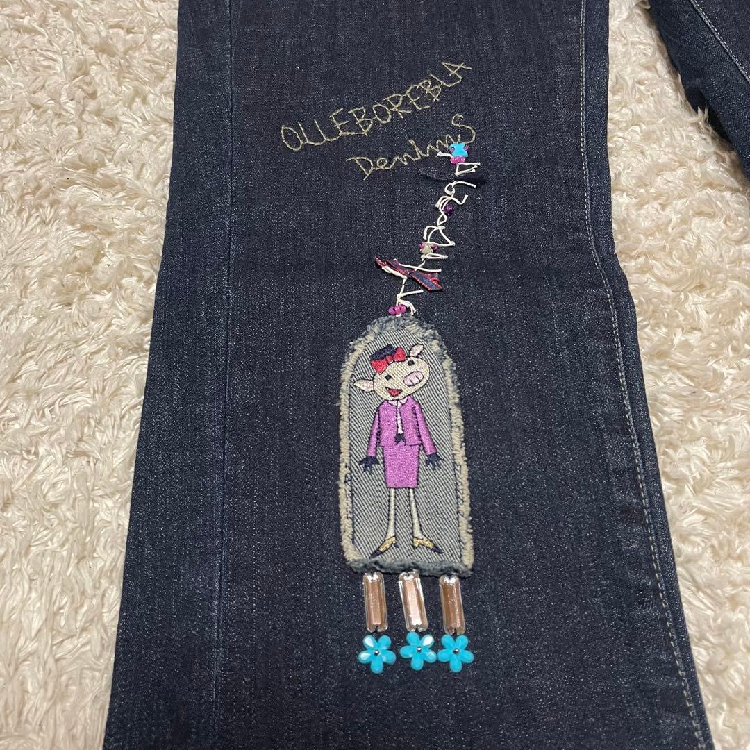 美品✨アルベロベロ　デニム　ぶたさん　パッチワーク　ビーズ　刺繍　インディゴ