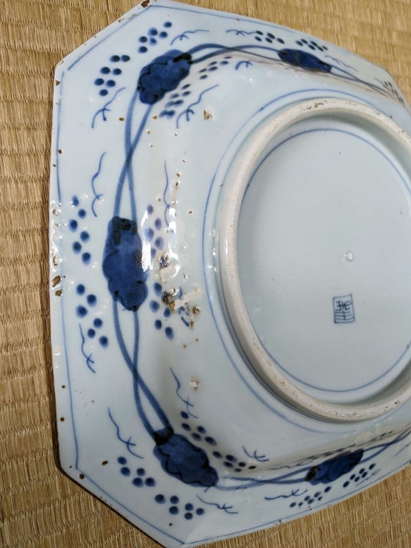 ♦古伊万里 染付 色絵 牡丹鳳凰紋様 隅切り角皿 アンティーク骨董品コレクション