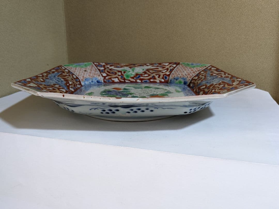 ♦古伊万里 染付 色絵 牡丹鳳凰紋様 隅切り角皿 アンティーク骨董品コレクション