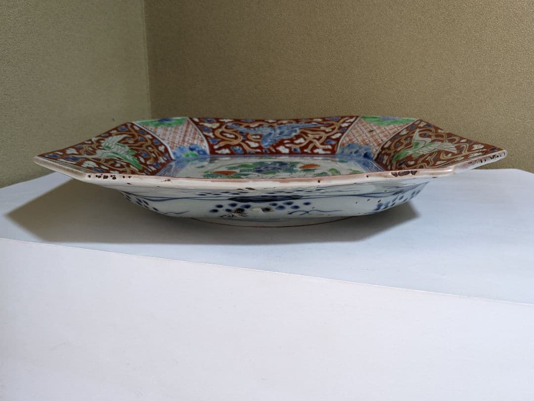 ♦古伊万里 染付 色絵 牡丹鳳凰紋様 隅切り角皿 アンティーク骨董品コレクション