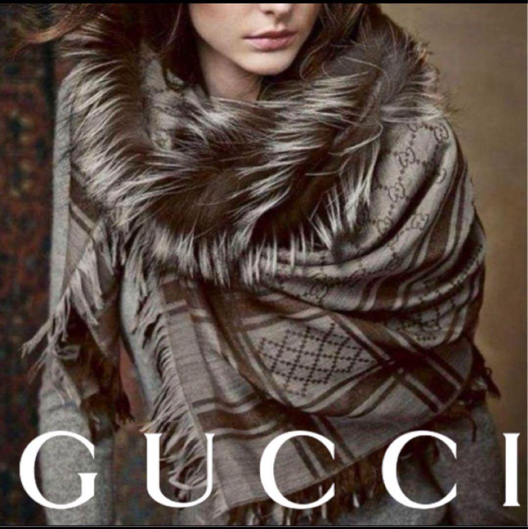 美品［正規品］GUCCI グッチ　ストール　ファー付き　GGパターン　ブラウン