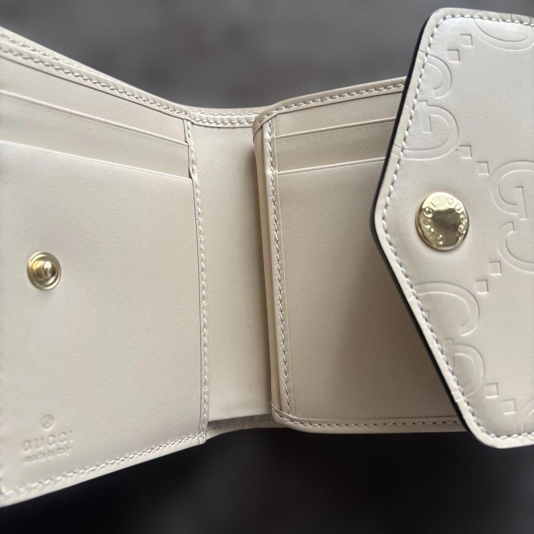 GUCCI GG柄 三つ折り財布 アイボリー レザー コンパクトウォレット