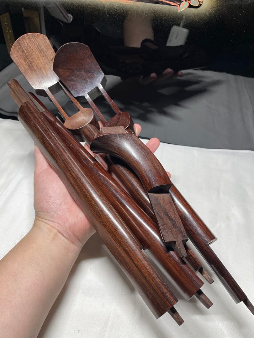 紫檀。木。三味線の構件。昭和時代。美品。舊家蔵出し。希少品。重量約838.5g