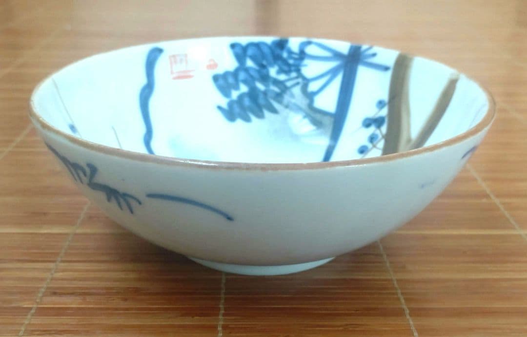 明治期　伊万里焼　染付　深皿　大鉢　中鉢　骨董品　梅　松　扇子　富士　3個セット