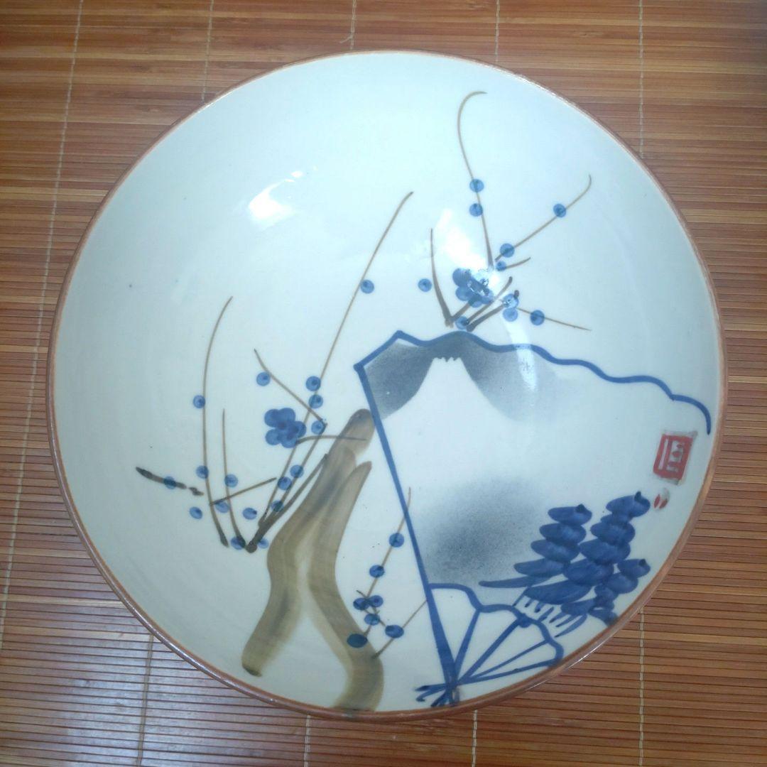 明治期　伊万里焼　染付　深皿　大鉢　中鉢　骨董品　梅　松　扇子　富士　3個セット