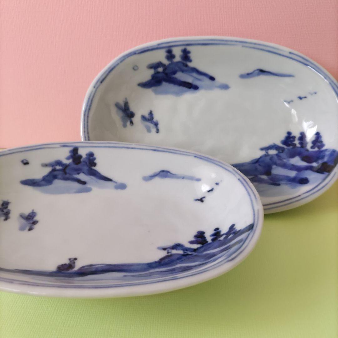 高橋芳宣　染付山水長円皿(2客)　中古品