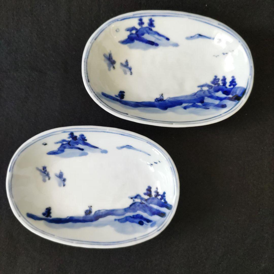 高橋芳宣　染付山水長円皿(2客)　中古品
