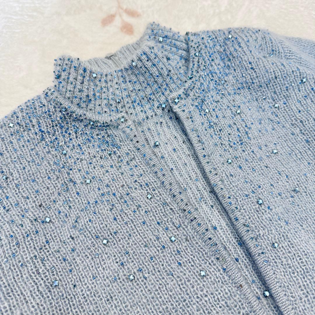 美品 FOXEY ビーズ アンサンブル ニット ブルー シルク 38 モヘヤ M