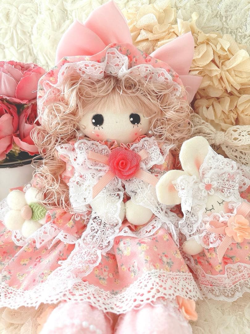 カントリードール♡ハンドメイド♡お人形♡お花柄♡大きいリボン♡ピンク♡