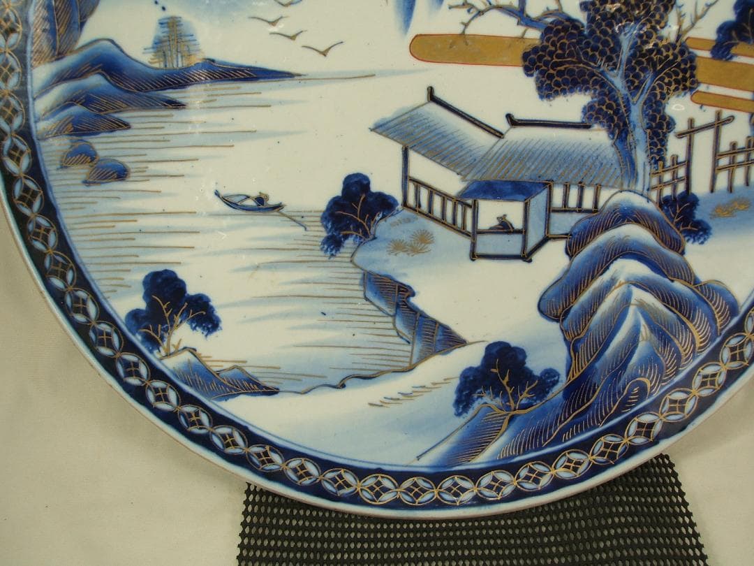 古伊万里・山水風景図・直径402mm・１枚・明治期の古い染付大皿・USED品