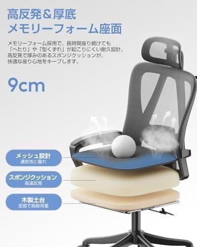 オフィスチェア メッシュ ハイバックチェア　フットレスト付き　ブラック　調節可能