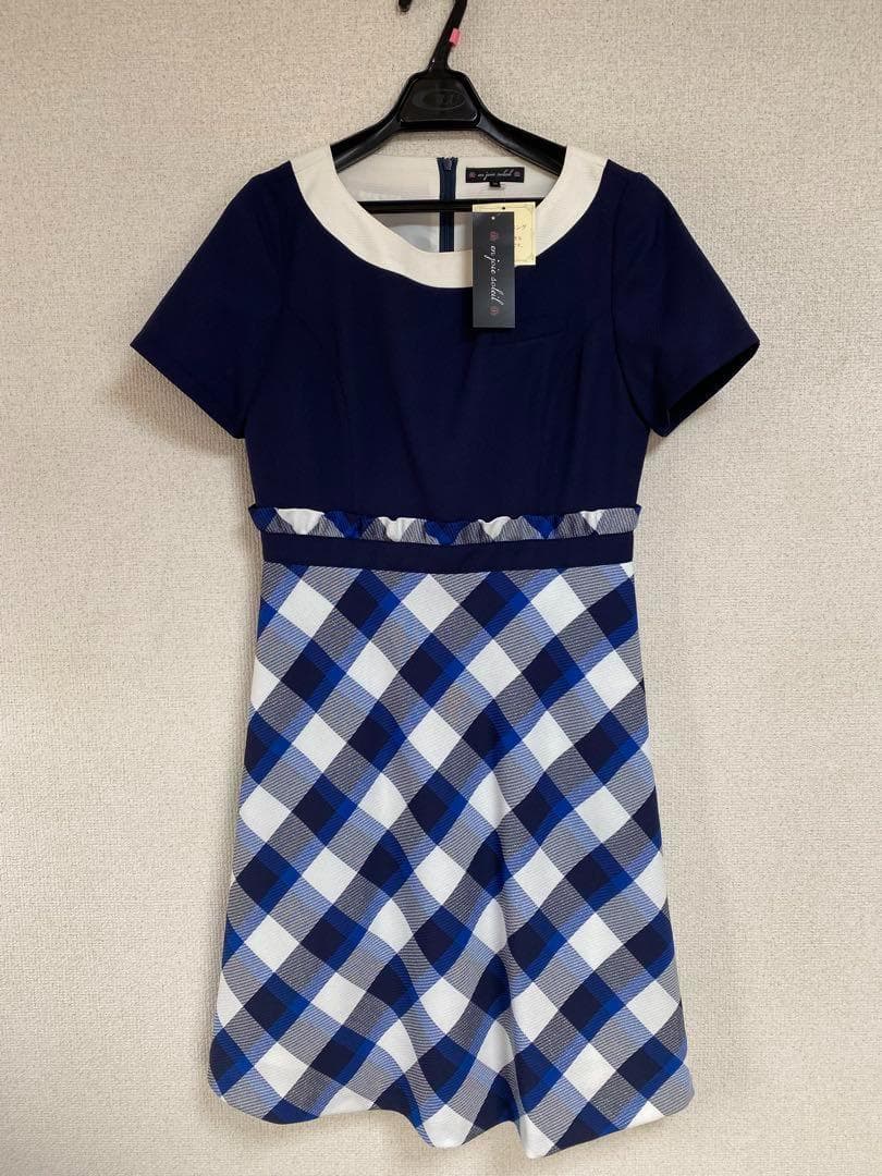 【新品タグ付き】アンジョア 事務服 11号 半袖ワンピース マリンブルーチェック