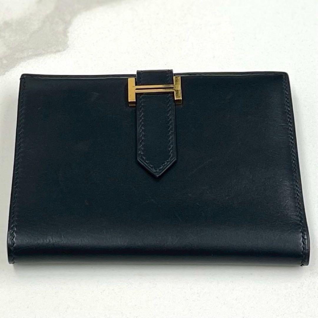 エルメス　ベアンコンパクト　ボックスカーフ　黒　折り財布　□H刻印