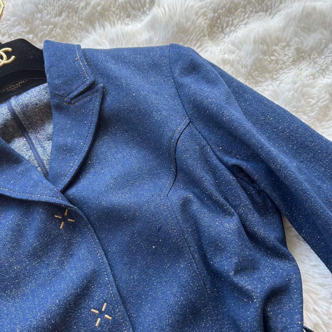 【美品】LEONARD レオナール シルク100% デニムジャケット ベルト付き