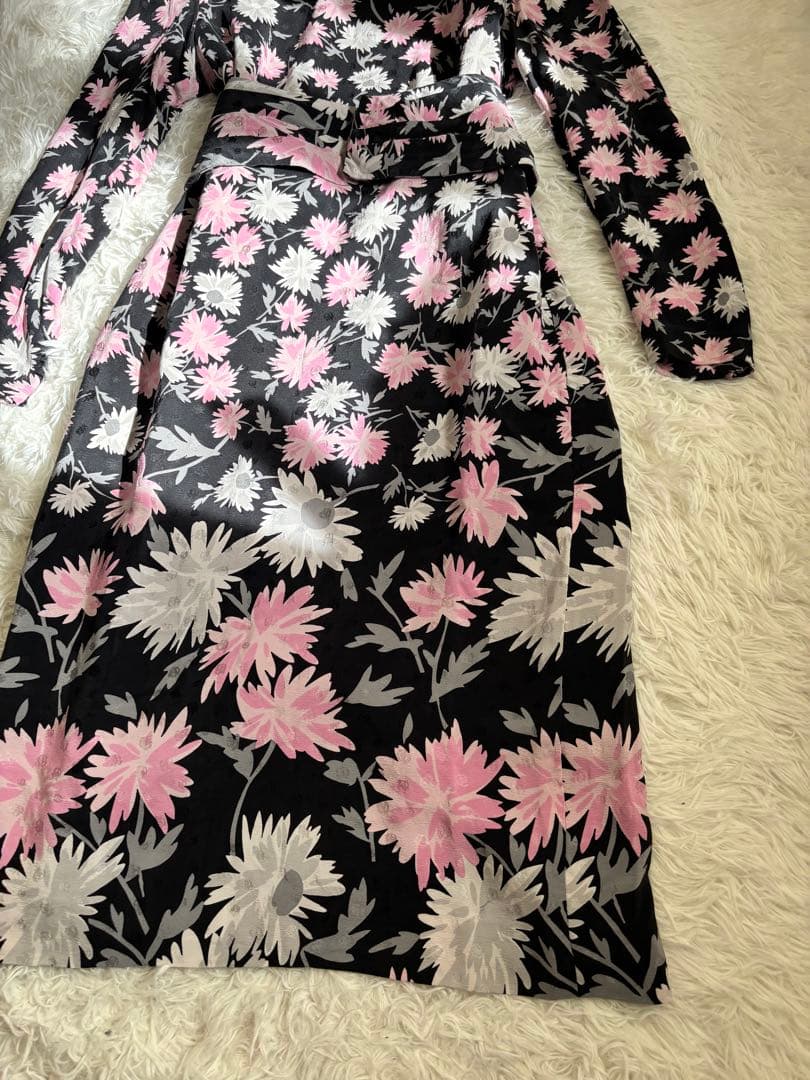 HANAE MORI 花柄ワンピース シルク100% 黒 M相当 ベルト付