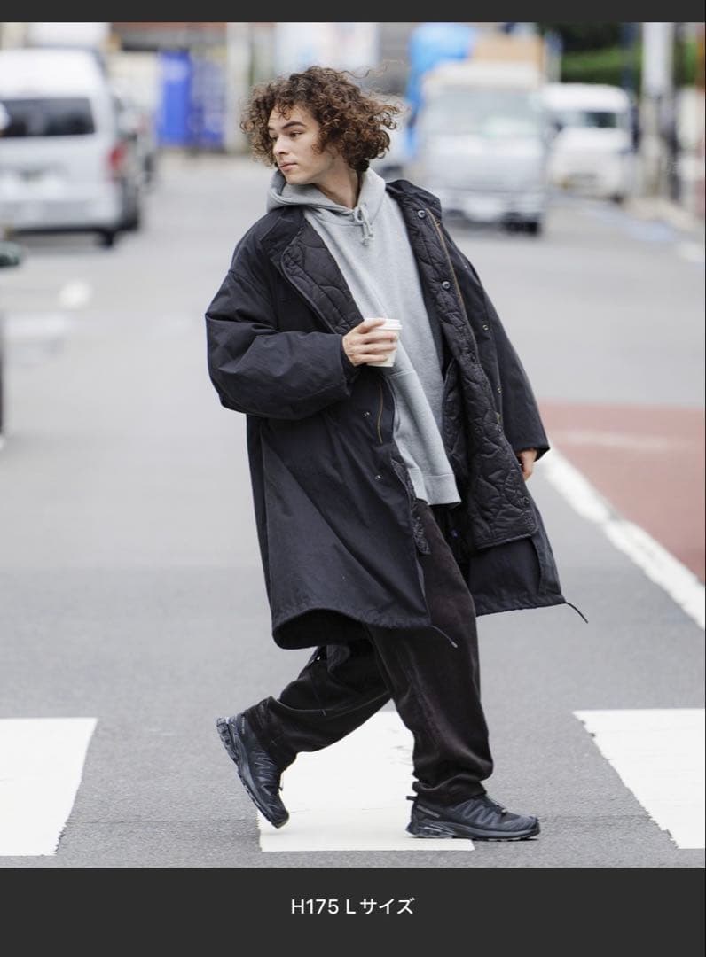 黒色ロング丈モッズコート　内側取り外し可能キルティングライナー