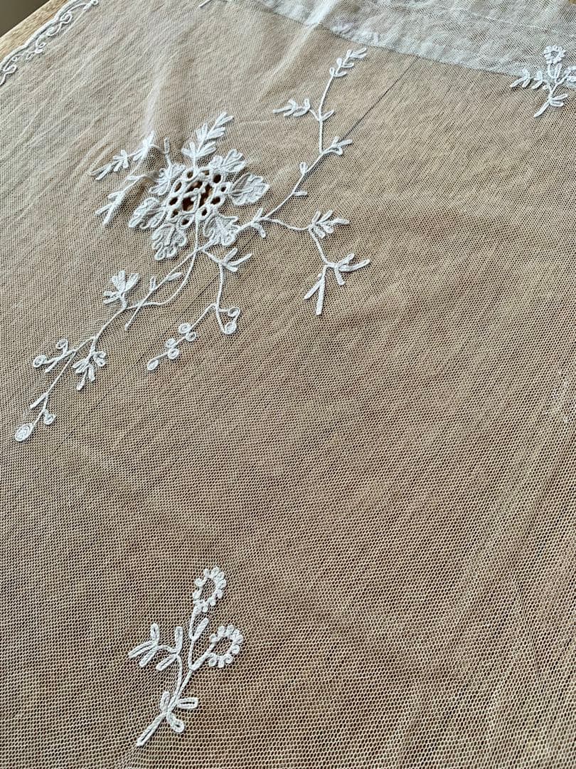 フランスアンティークコーネリー刺繍チュールレースカーテン※スカラップ刺繍