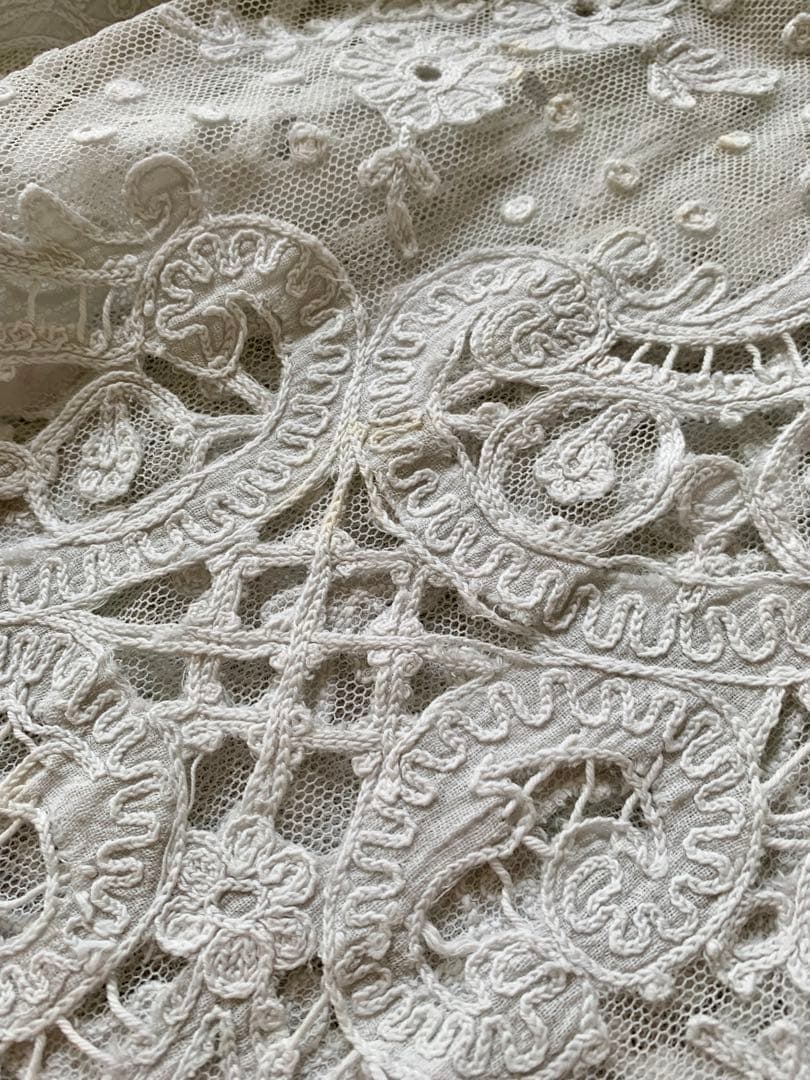 フランスアンティークコーネリー刺繍チュールレースカーテン※スカラップ刺繍