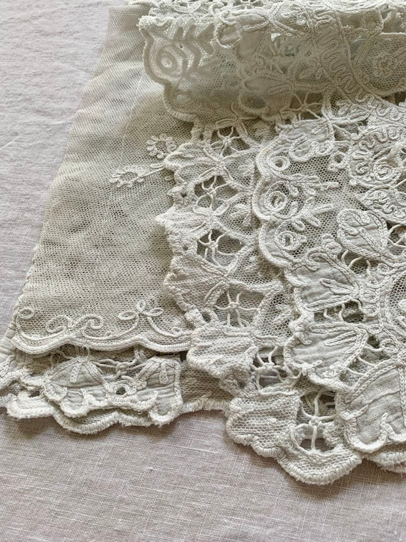 フランスアンティークコーネリー刺繍チュールレースカーテン※スカラップ刺繍