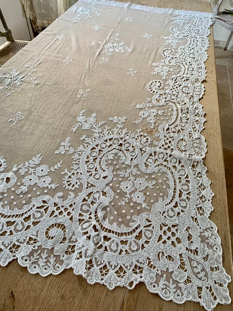 フランスアンティークコーネリー刺繍チュールレースカーテン※スカラップ刺繍