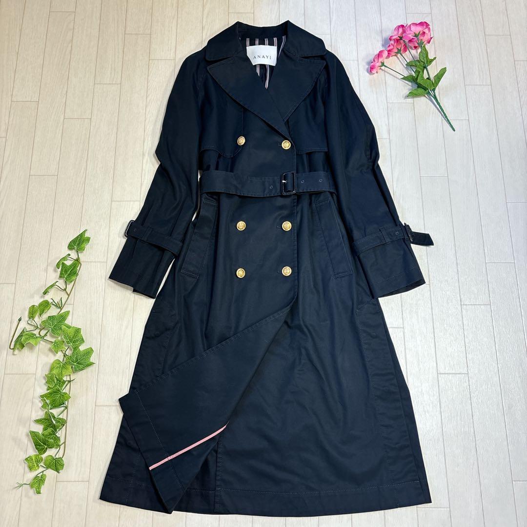 美品 アナイ ANAYI 撥水 2WAY ギャバトレンチコート ジレ ネイビー