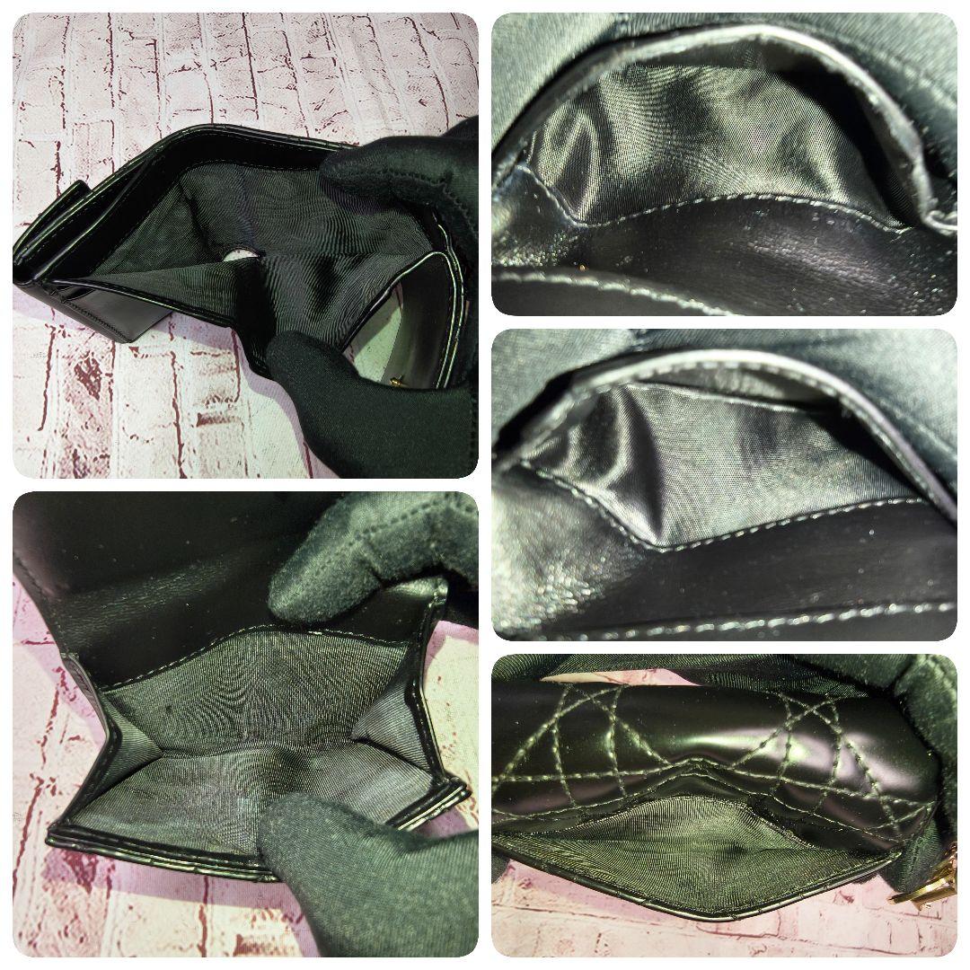【美品】ディオール 三つ折財布 ロータス カナージュ エナメル ラムスキン／黒G