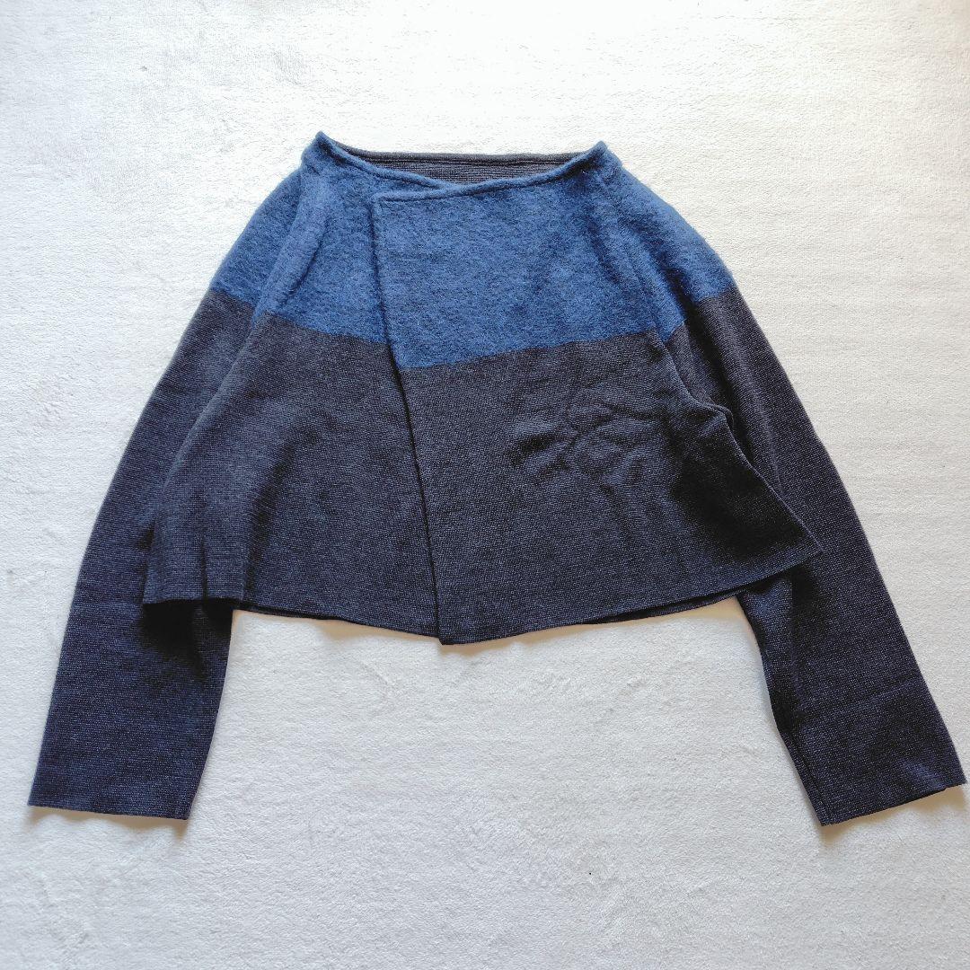 【美品】芽風 モヘヤ混 切替 ニット カーディガン チャコール ネイビー 38