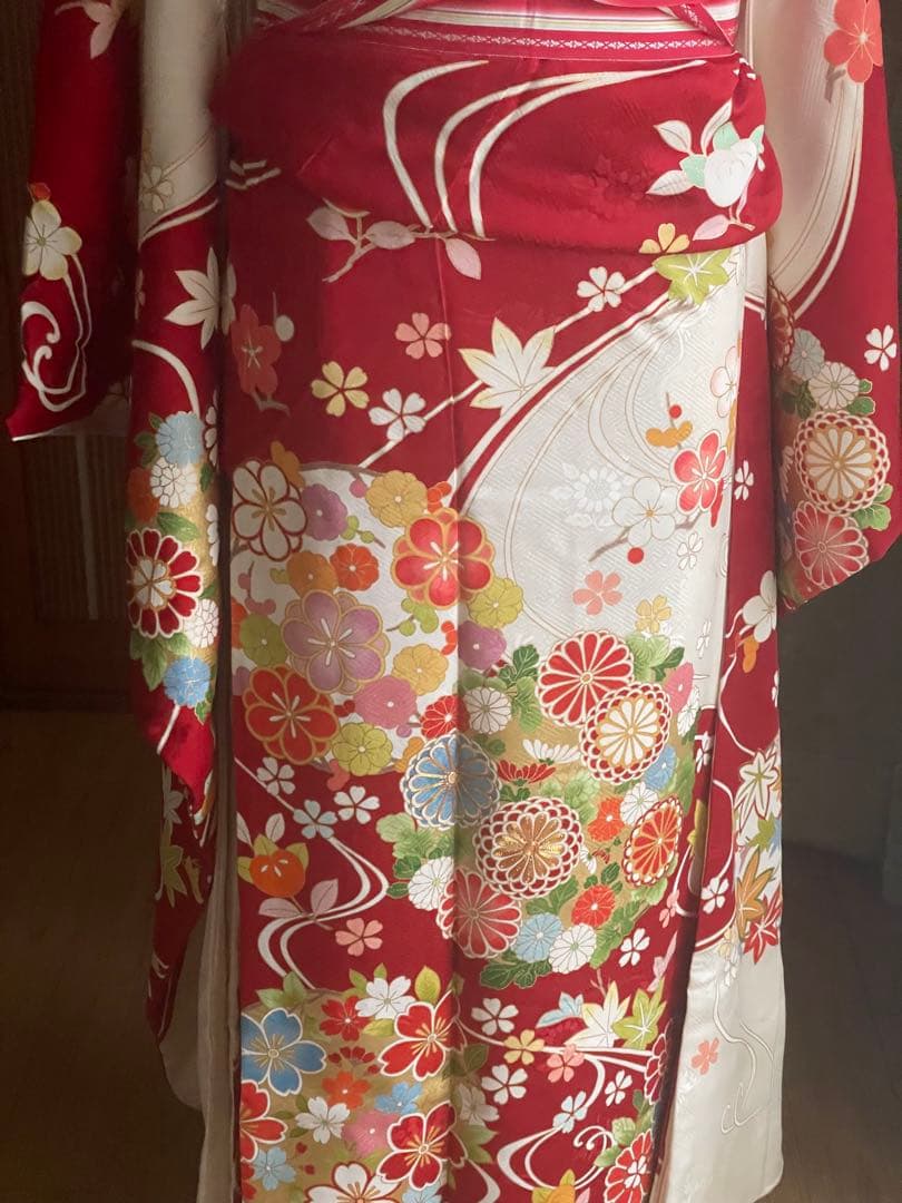 【久保耕】古典総柄 京友禅振袖 赤×白 ガード加工済　流水 四季花 成人式 正絹
