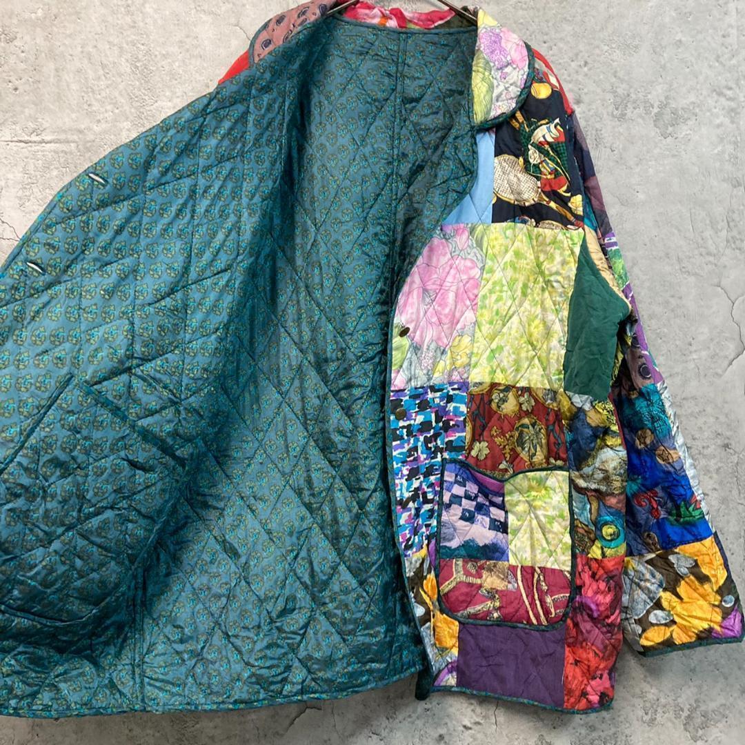 ☆US古着☆シルク【民族 ヒッピー キルティング パッチワークジャケット】2XL