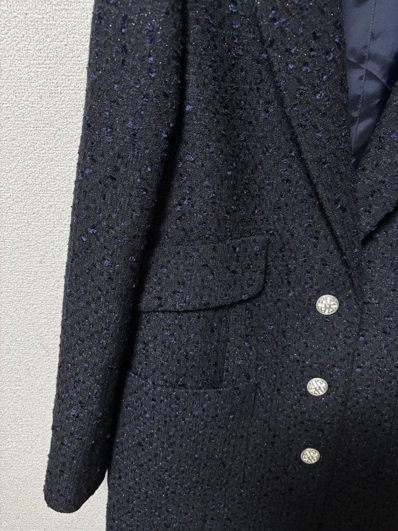 美品 ルネ Rene ツイードロングジャケット ネイビー 36号
