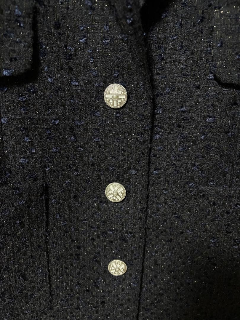 美品 ルネ Rene ツイードロングジャケット ネイビー 36号