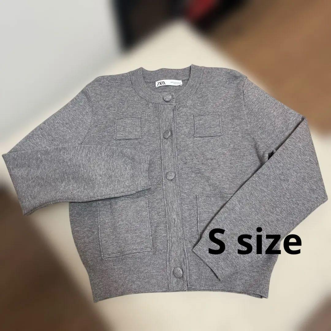 美品★ZARA プレーンニットジャケット パデッドショルダー グレー Sサイズ