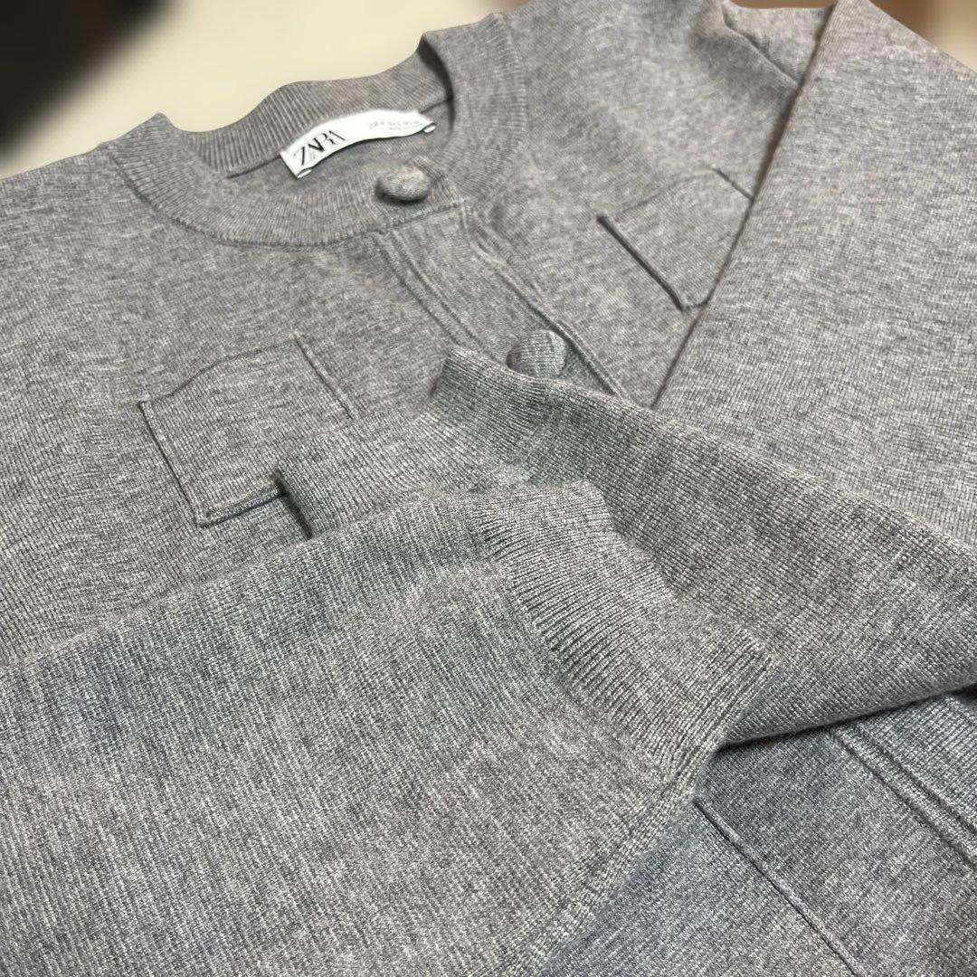 美品★ZARA プレーンニットジャケット パデッドショルダー グレー Sサイズ